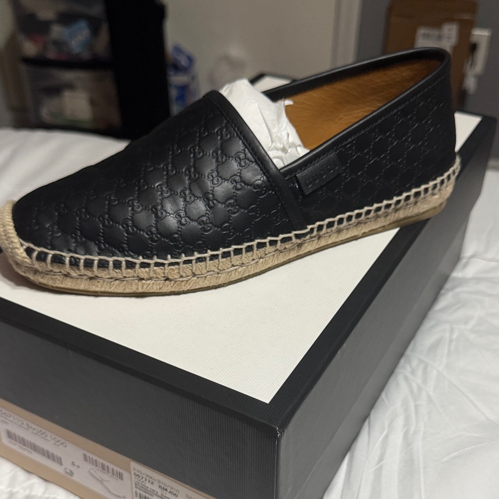Gucci Black Leather Espadrille Slip-Ons